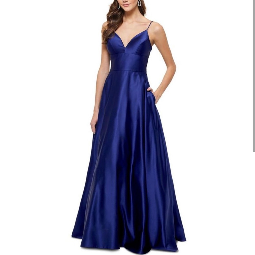 Betsy and Adam Womens Blue Satin Plunge-Neck Evening Dress Gown